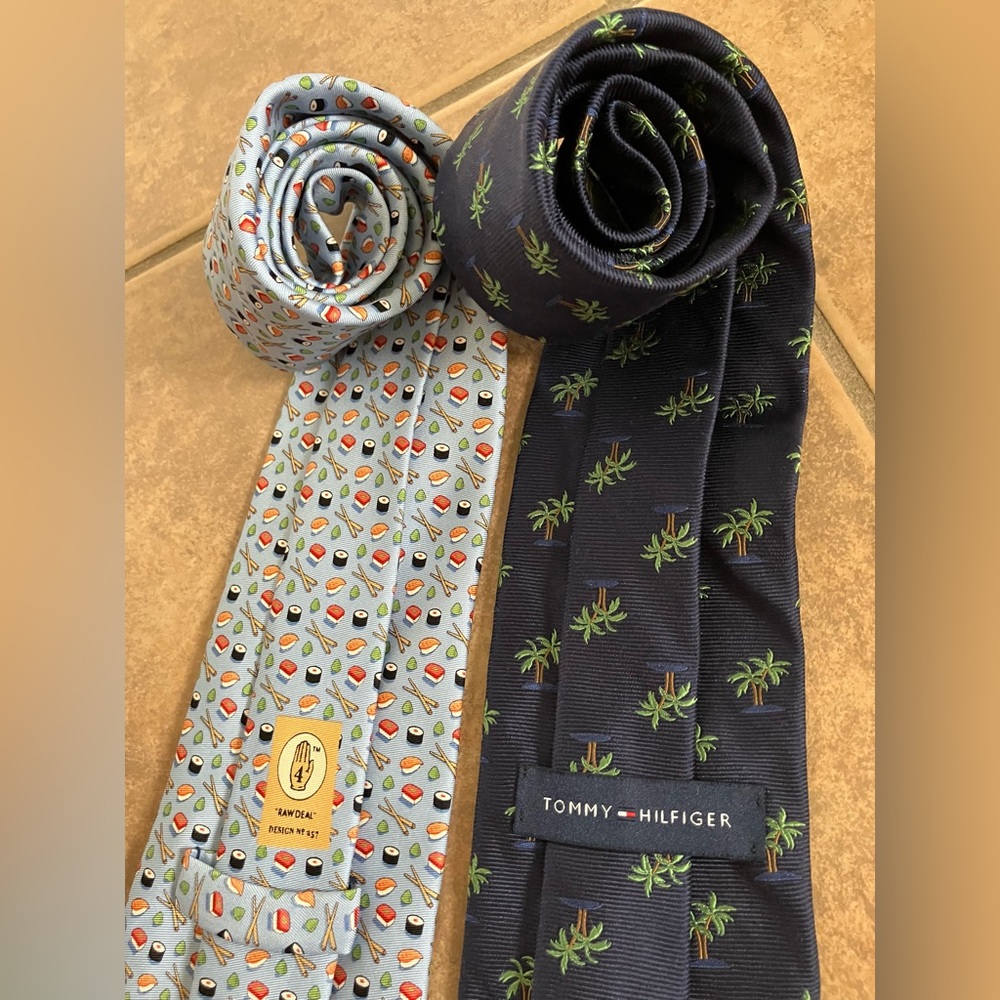 2 men’s ties. Lee Allison Co. Sushi & Tommy Hilfiger palms